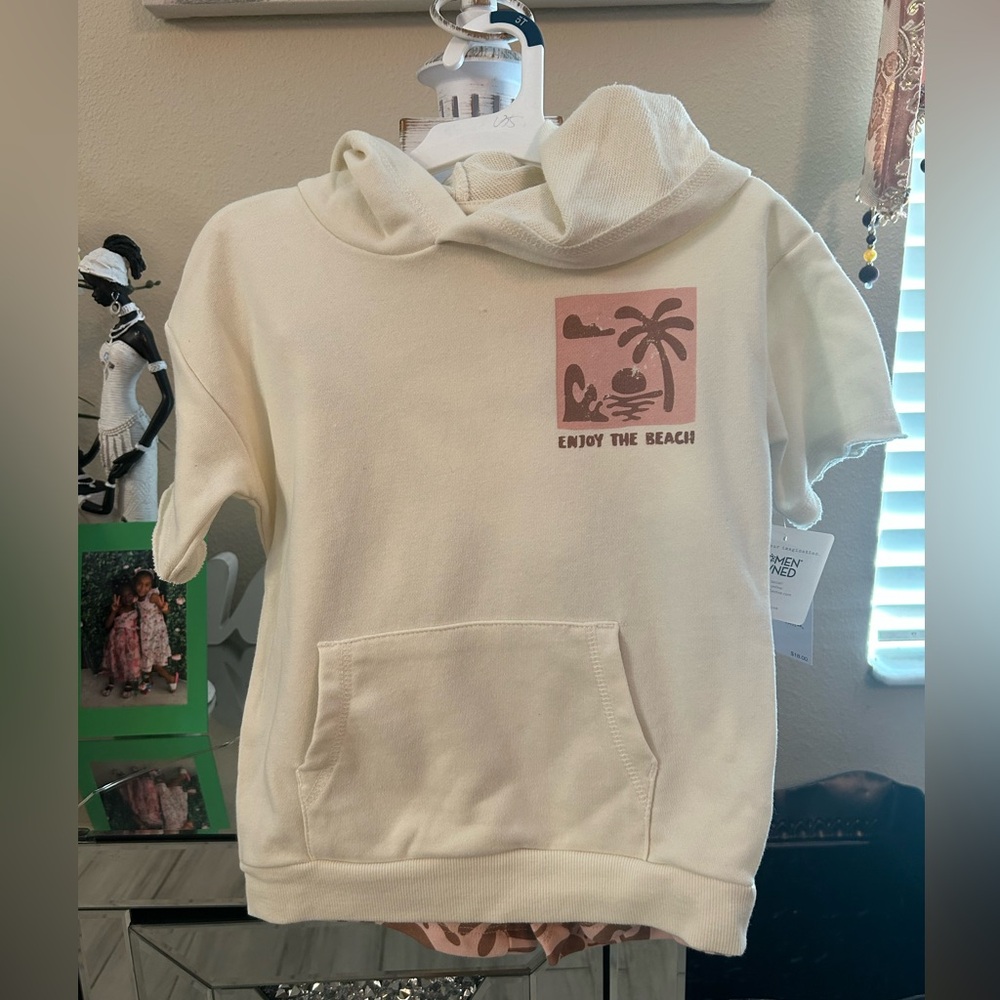 Cream Hoodie with Beach Graphic